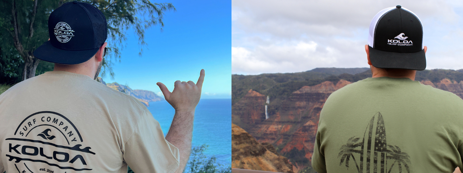 The file includes two images. One shows a man in a Koloa Surf hat at Waimea Canyon, with rugged, colorful cliffs. The other features a man wearing the different hat against a Hawaiian ocean landscape, with blue water and distant mountains.
