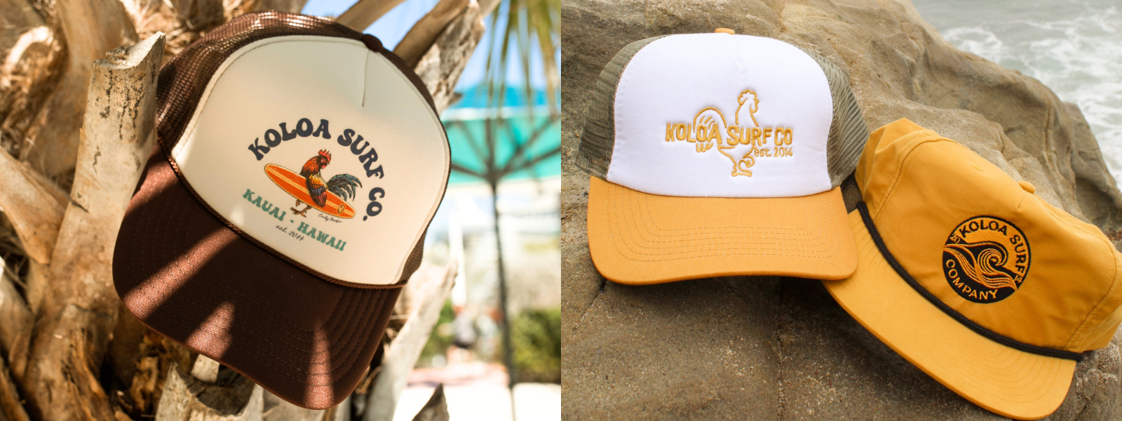 Image of Koloa Surf Company accessories, including various styles of hats in different colors and designs. The hats feature the Koloa Surf Company logo, with options ranging from baseball caps to trucker hats.