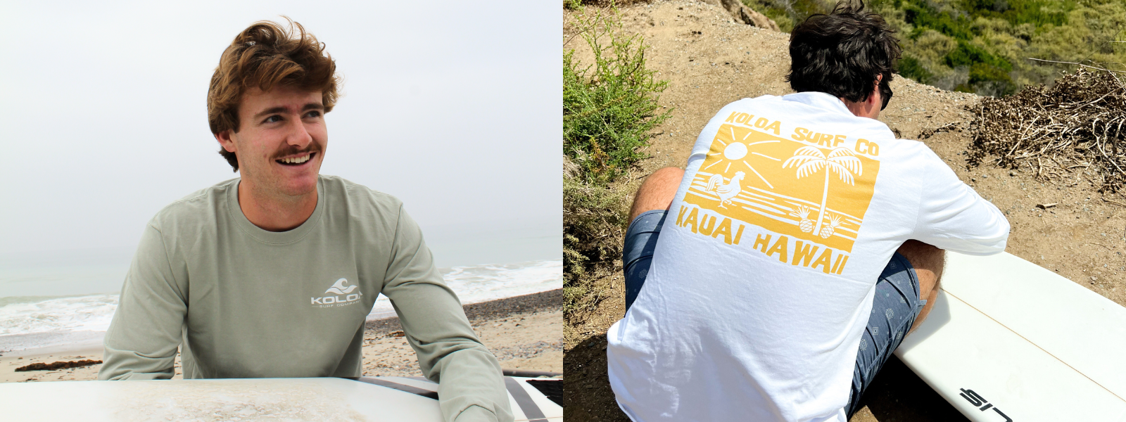 Shows a man in a graphic Heavyweight Cotton Long Sleeve Shirt, standing on a beach with the ocean and sand behind him. The second image features a different man wearing a white long sleeve shirt, adjusting his surfboard against a beach setting.