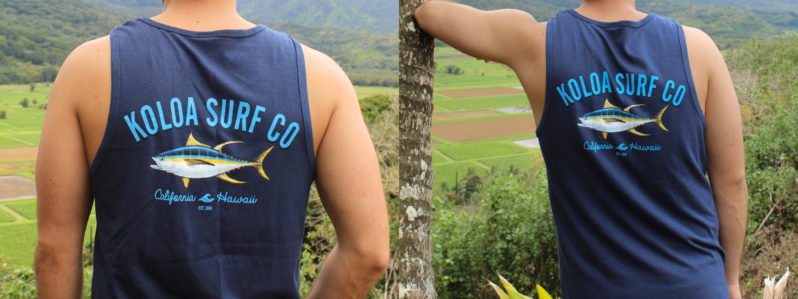 The image shows a man wearing a Koloa Surf tank top, standing in front of lush green palm trees and tropical plants.