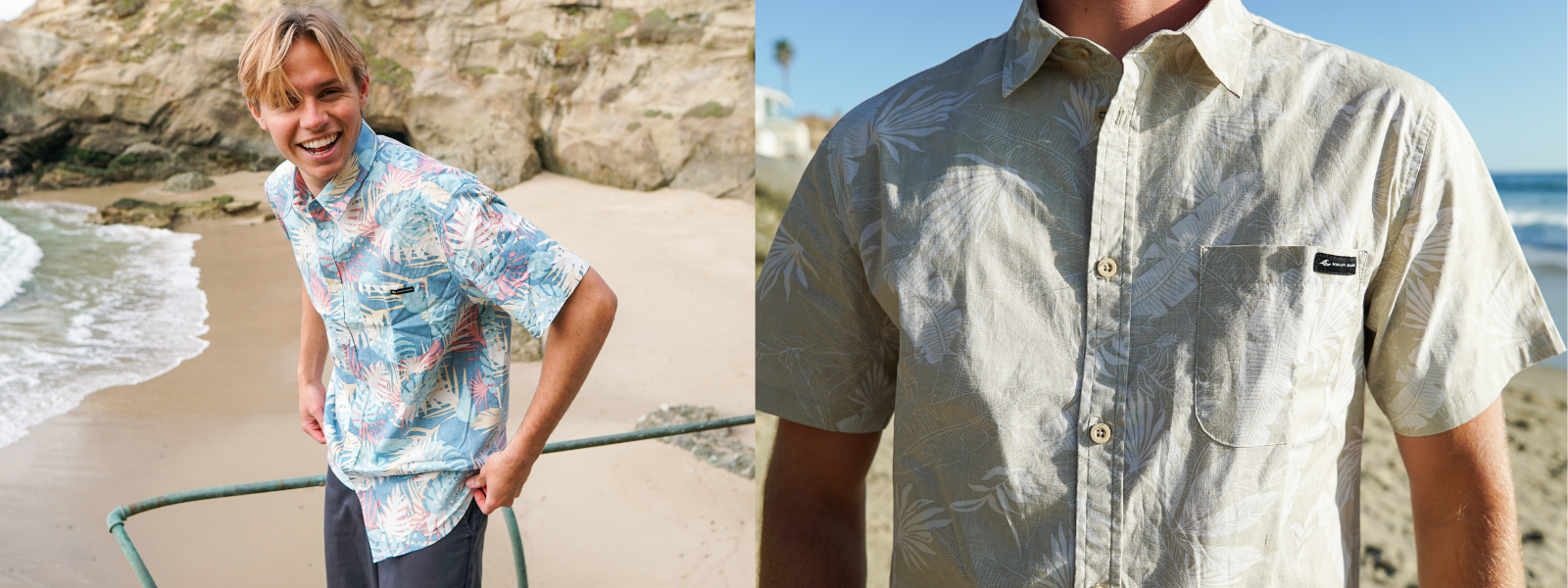 Up-close view of a men's Hawaiian shirt, highlighting its vibrant, tropical print. Another picture features a man casually wearing a Hawaiian shirt, adding to the relaxed, island-inspired vibe. Both images evoke a sunny, beachy atmosphere.