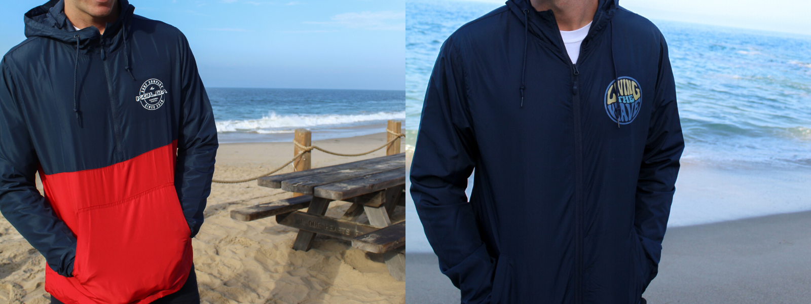 Side by side image shows two men standing on the beach, both wearing Koloa windbreakers, blending style and functionality against the coastal breeze.
