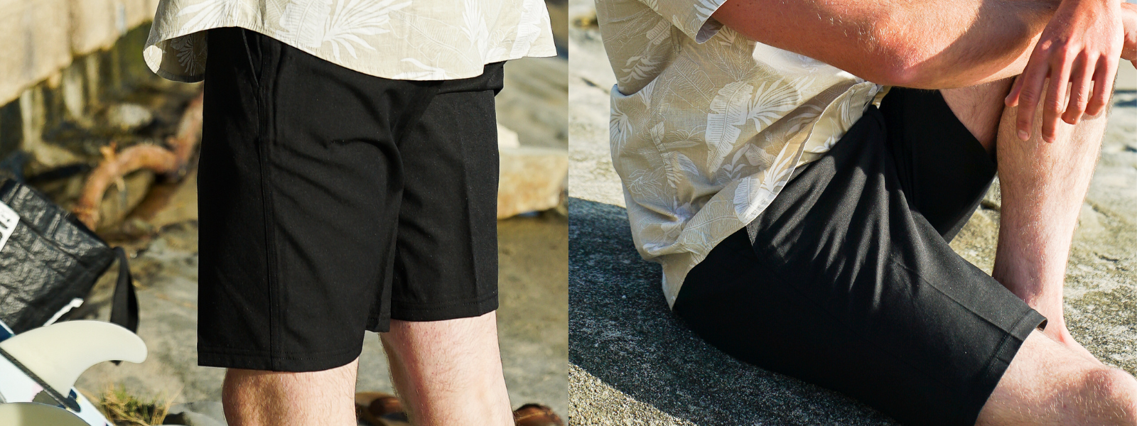 The Koloa Hybrid 19" Shorts in black. These shorts have a sleek, minimalist design with a tailored fit and a flat front. They feature belt loops, side pockets, and quick-drying fabric, making them ideal for both casual wear and water activities.