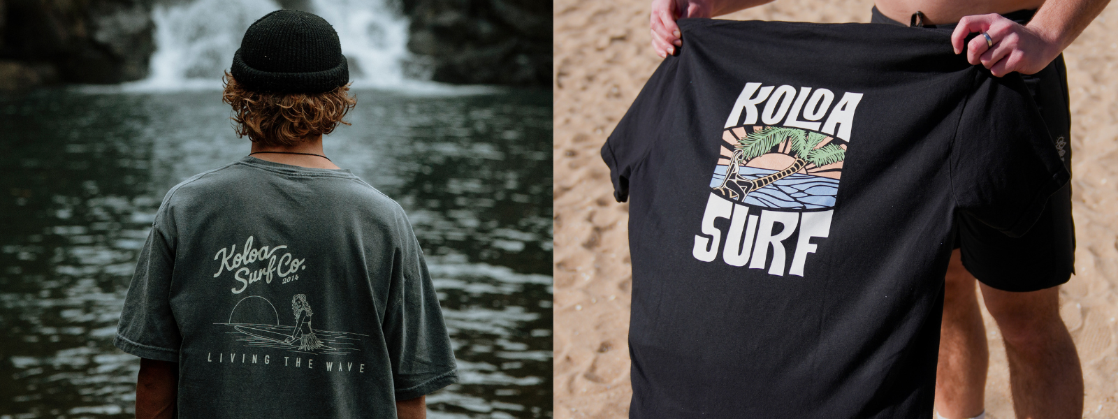 The image shows two men side by side, each wearing a Koloa Surf Company pigment-dyed T-shirt, with a tropical background. The shirts feature unique, faded colors, enhancing their casual, stylish look against the vibrant, tropical setting.