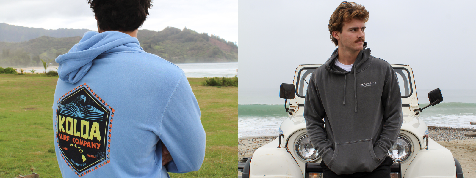 The file shows Koloa Surf Company pigment-dyed hoodies made from an 80/20 ring-spun cotton/polyester blend. The hoodies feature a vintage look with rich, faded colors, showcasing their soft, durable fabric and relaxed fit