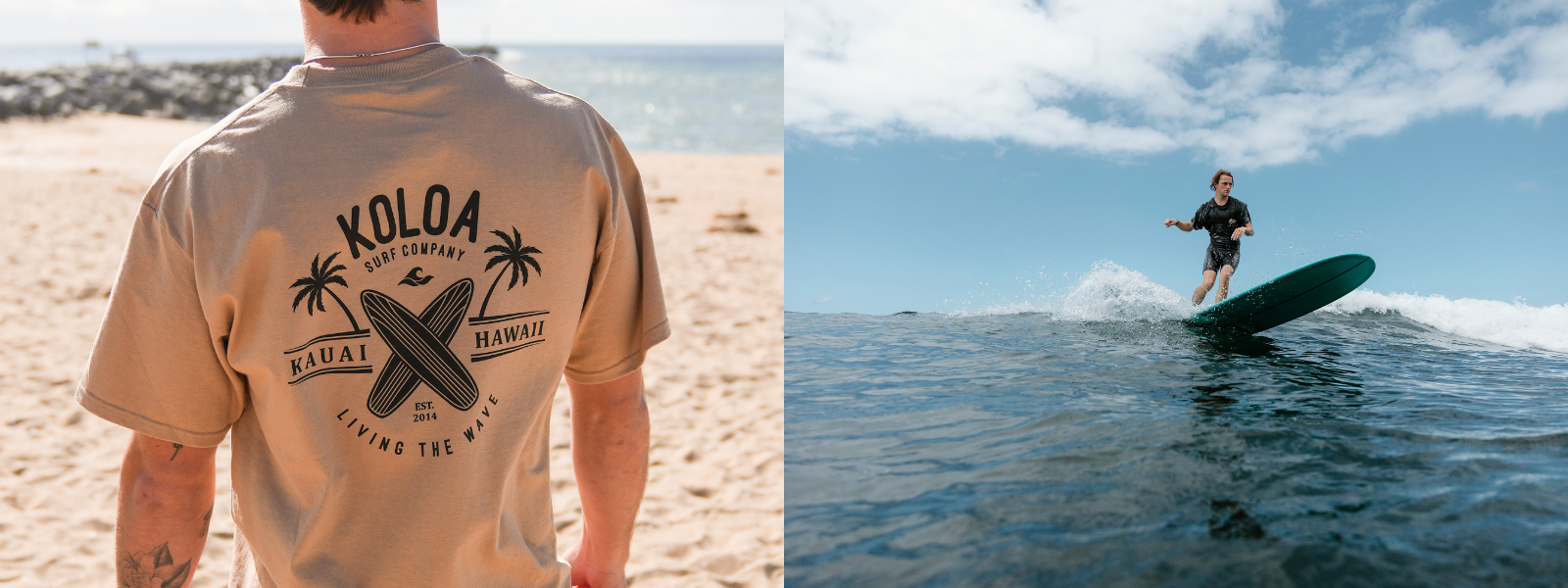 The first image shows a man riding a surfboard on a wave, capturing the thrill of surfing. The second image features a man standing on a sandy beach, wearing a Koloa graphic tee. The ocean and shoreline create a relaxed beach setting in the background.