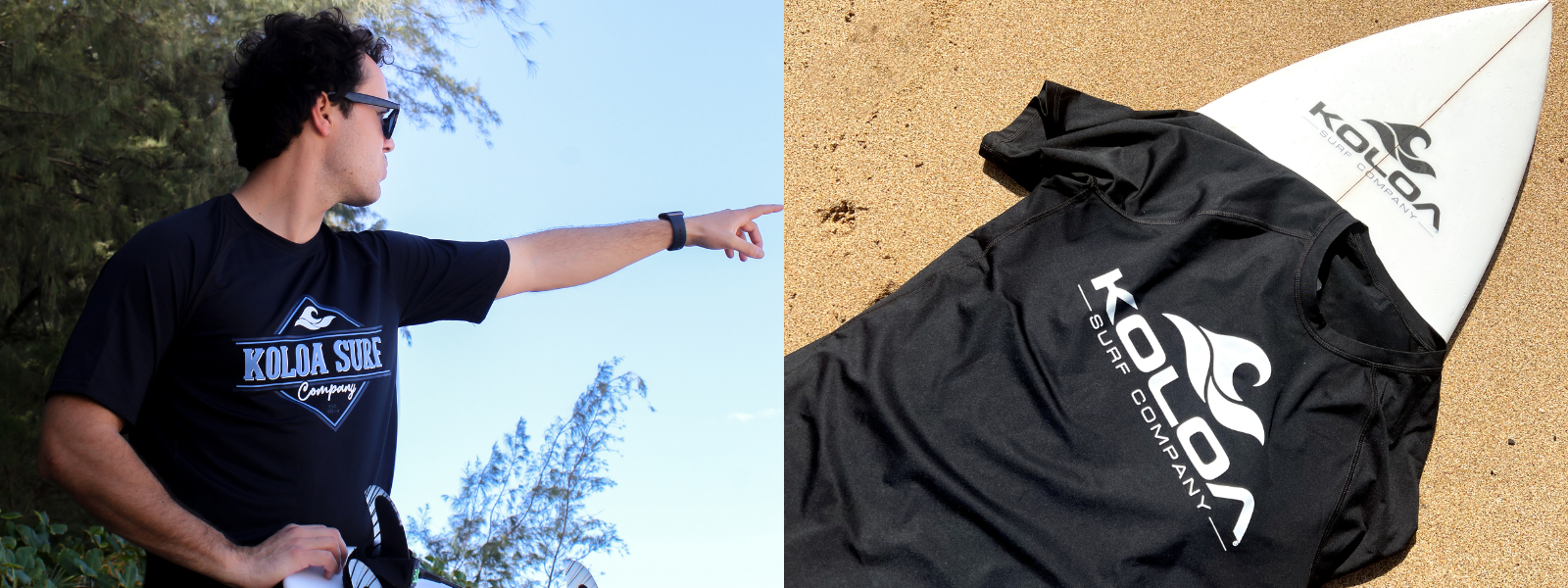 A man wearing a Koloa Surf Company rash guard, standing on the beach with a relaxed, active vibe. The second image features a Koloa Surf Company rash guard laid flat on the sandy beach, showcasing its sleek design against the natural background.