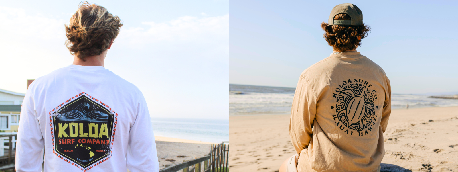 The image shows two men side by side, each wearing a Koloa Surf Company tall long sleeve tee. The shirts are made of soft-spun cotton, and the side-by-side view highlights their longer fit, designed for comfort and style.