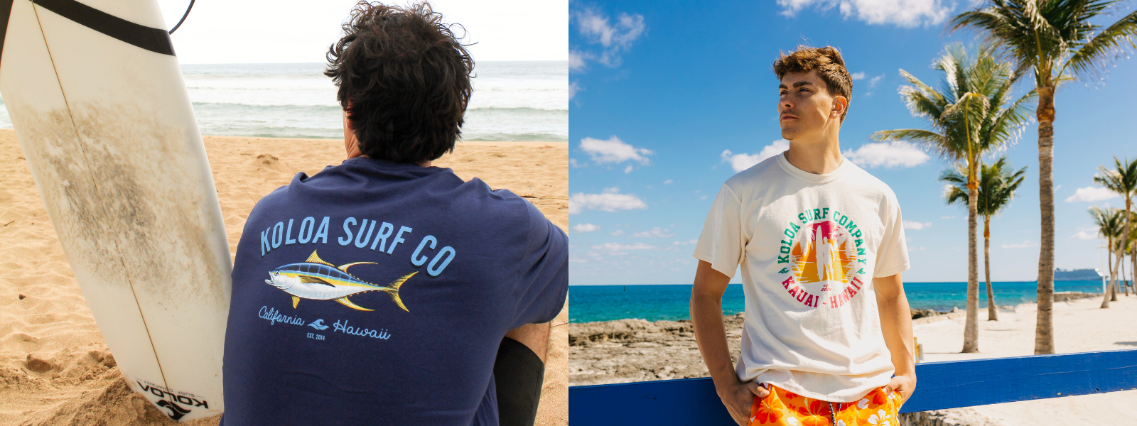 The image shows two men side by side, each wearing a Koloa Surf Company tall T-shirt, set against a beach background. The T-shirts offer a comfortable fit for taller frames, and the coastal scene emphasizes their casual, laid-back style.