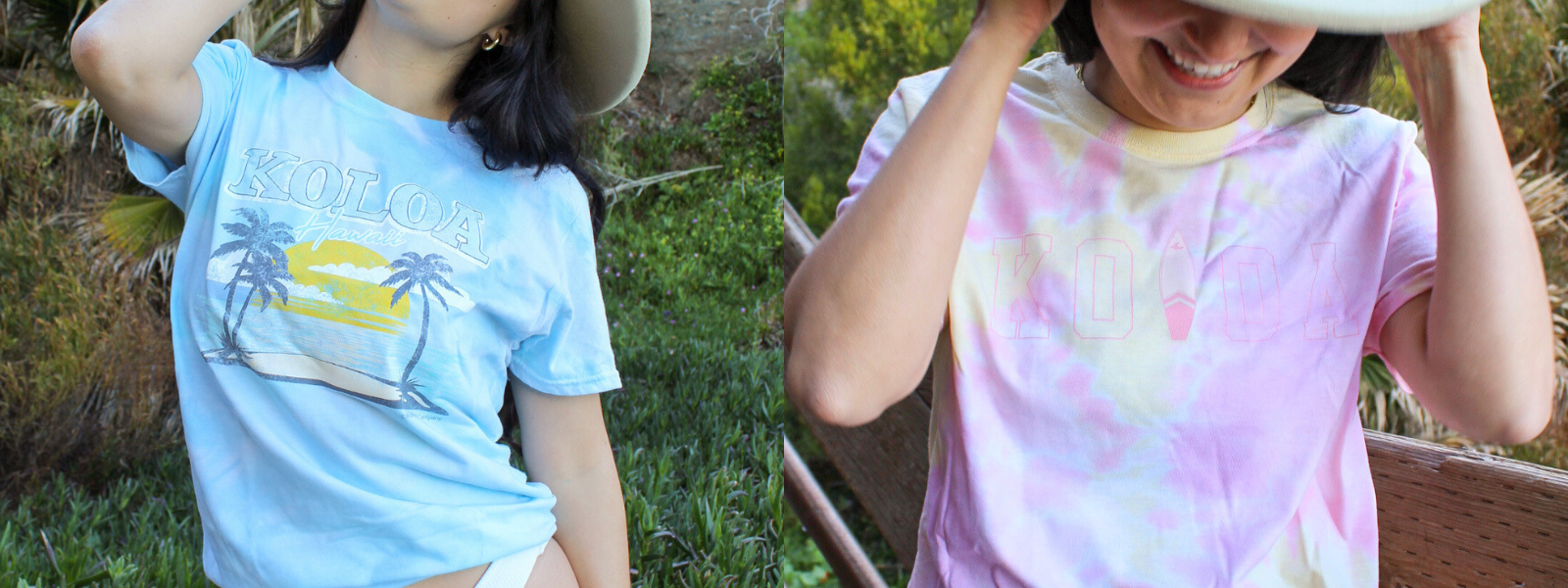 Two images of a woman wearing Koloa Surf Company tie-dye tees. One picture shows her in a vibrant, multicolored tie-dye tee with swirling patterns. The other image features a different tie-dye design, showcasing unique color blends and patterns.