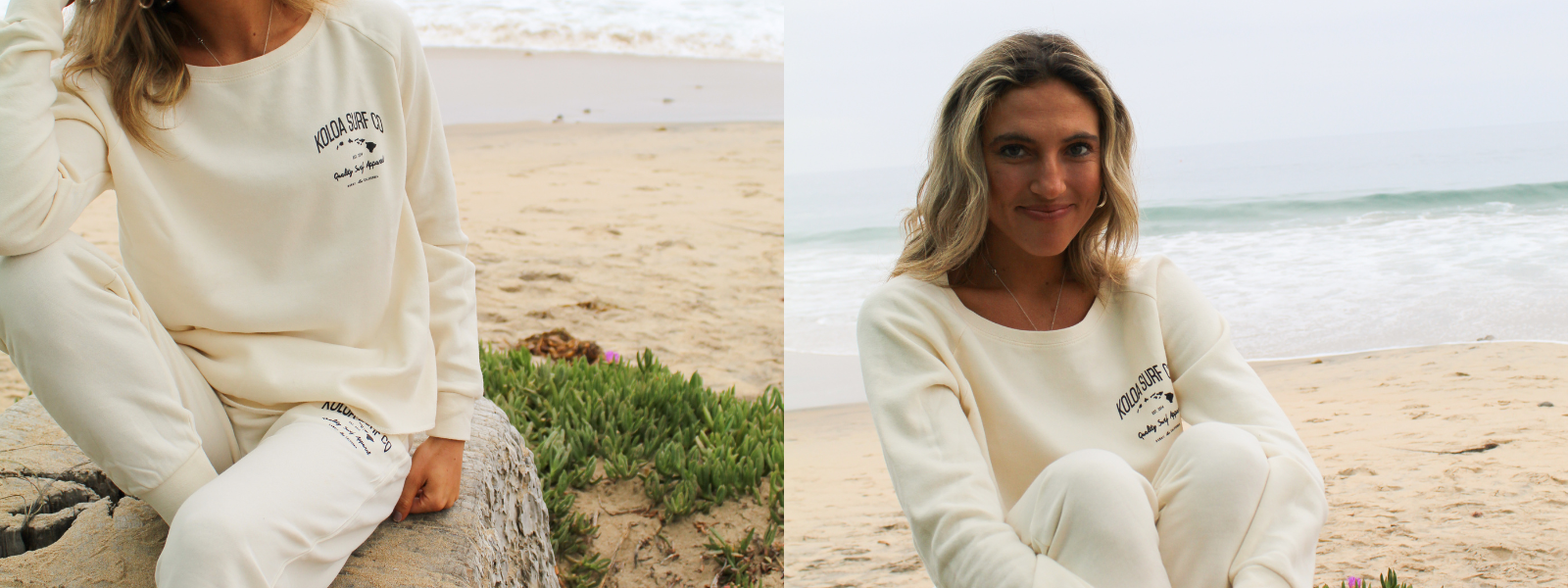 Two images of a girl wearing Koloa Surf matching cozy sets with a beach backdrop. Each image shows her in a coordinated outfit of a soft, relaxed-fit top and bottom, highlighting a comfortable and stylish look for a beach setting.