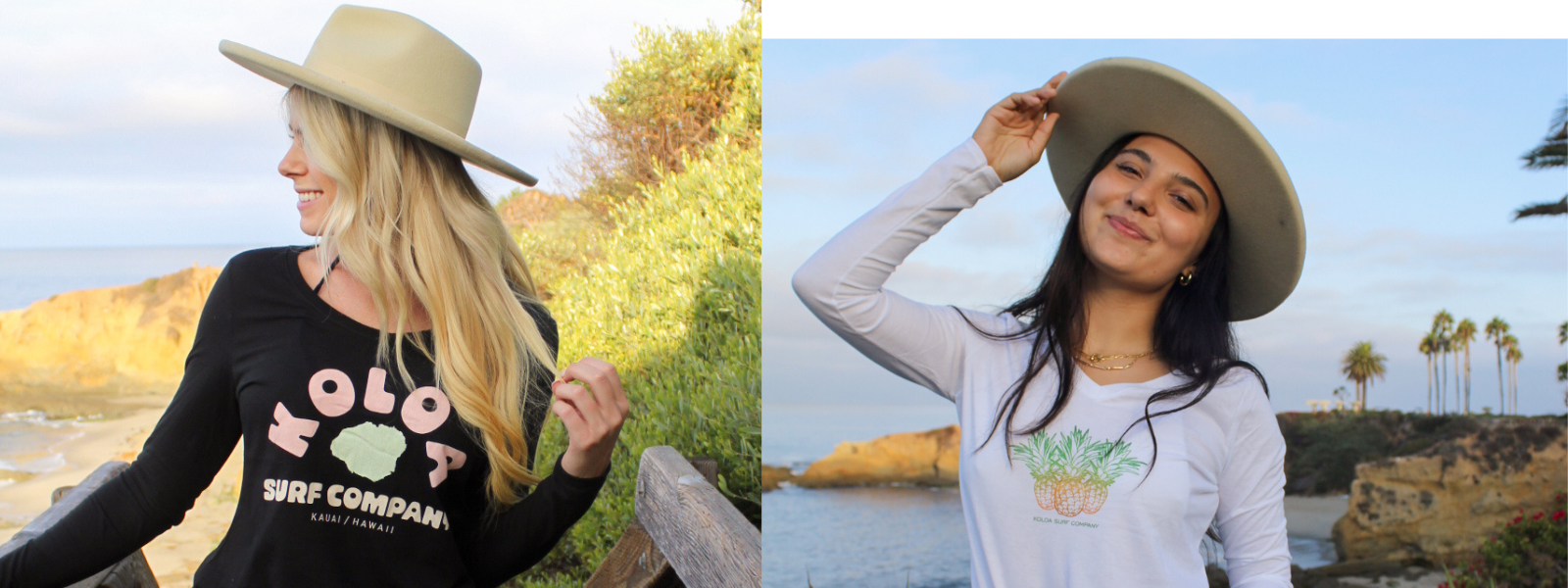 Two images of a woman wearing Koloa Surf long sleeve graphic tees with a beach in the background. In one picture, she wears a tee with a bold graphic design, and in the other, she sports a different graphic, both showcasing a casual, beach-ready style.