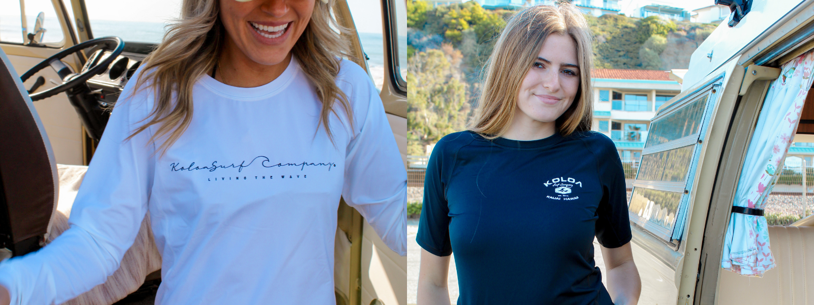 Two images of a woman wearing Koloa Surf rash guard tops with a beach in the background. In one image, she wears a solid-colored rash guard, while the other shows her in a patterned design. Both emphasize sun protection and a beach-ready look.