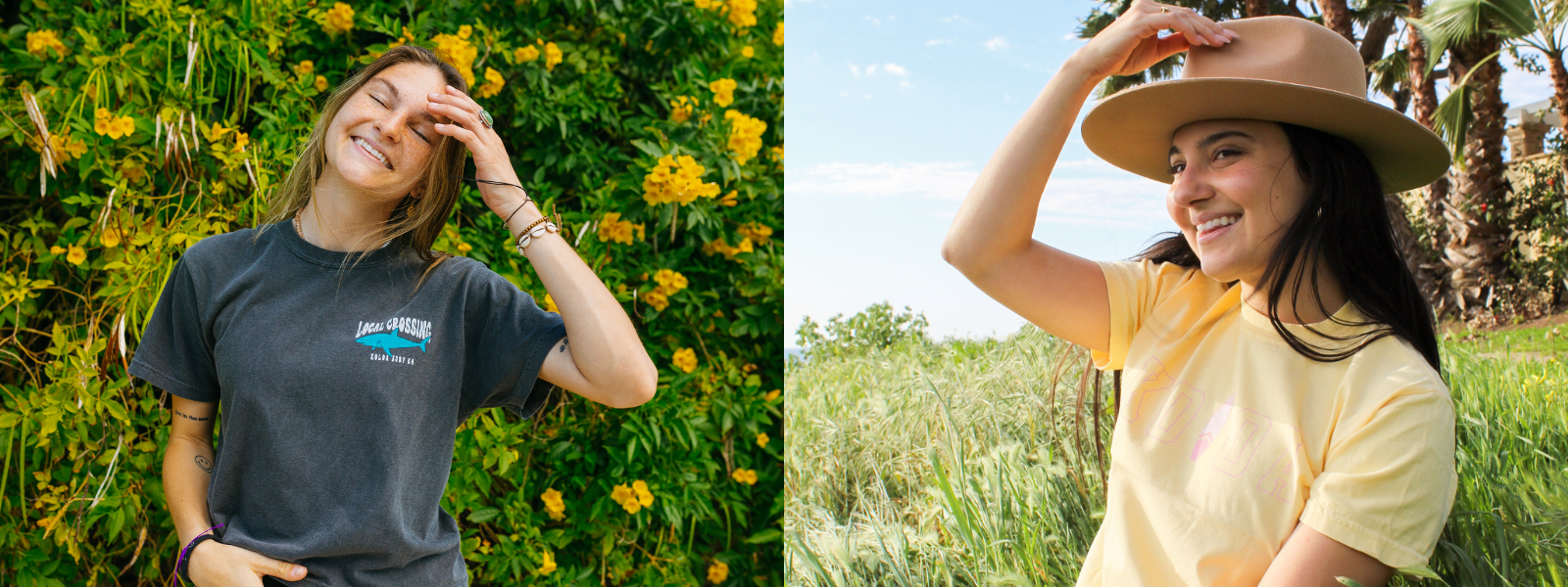 wo women wearing graphic tees, one with a surfboard design and the other with a vibrant shark. They are standing side by side, smiling and enjoying the outdoors.