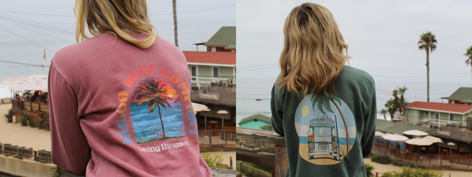 Both feature the same calm beach background with soft waves and a cloudy sky. In each image, a woman stands wearing a Koloa Surf Company sweatshirt, highlighting its casual, relaxed style, perfect for beach days and beyond.