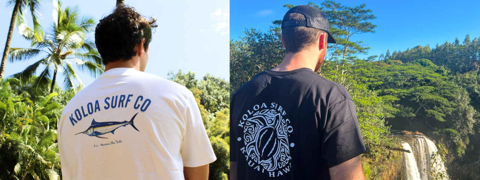 Two men wearing youth graphic tees, one featuring a blue marlin fish and the other with a detailed turtle.