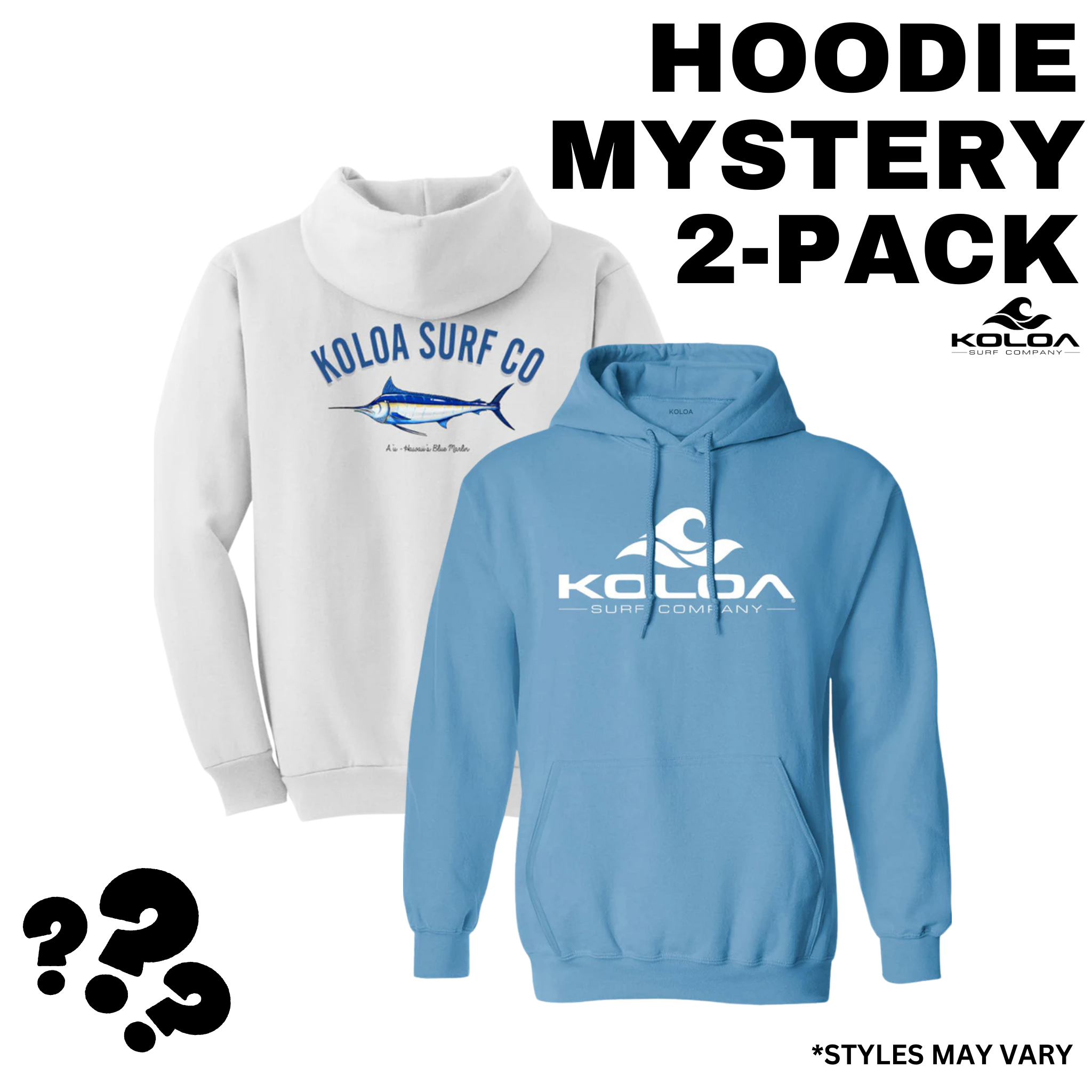 Promotional image featuring two hoodies from Koloa Surf Co., one in light blue and one in white, both with the brand's logo printed on the front.
