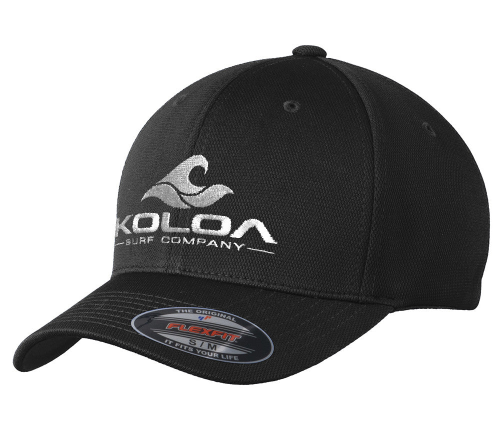Koloa Surf Embroidered Classic Wave Flexfit Cool & Dry Poly Block Mesh Cap- Black / White Embroidered Classic Wave Logo