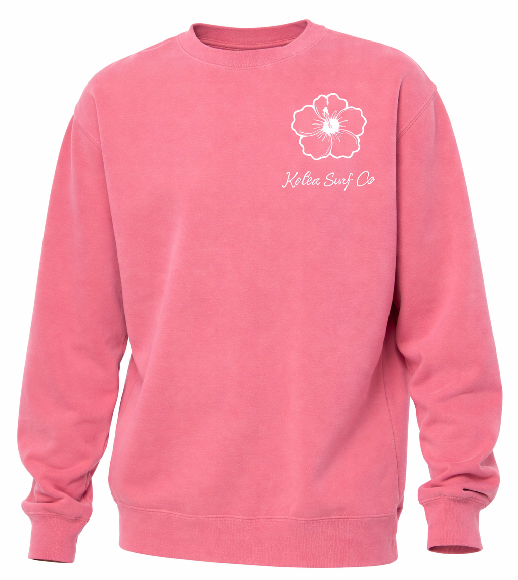 Pink sweatshirt with a white flower logo and text on a white background