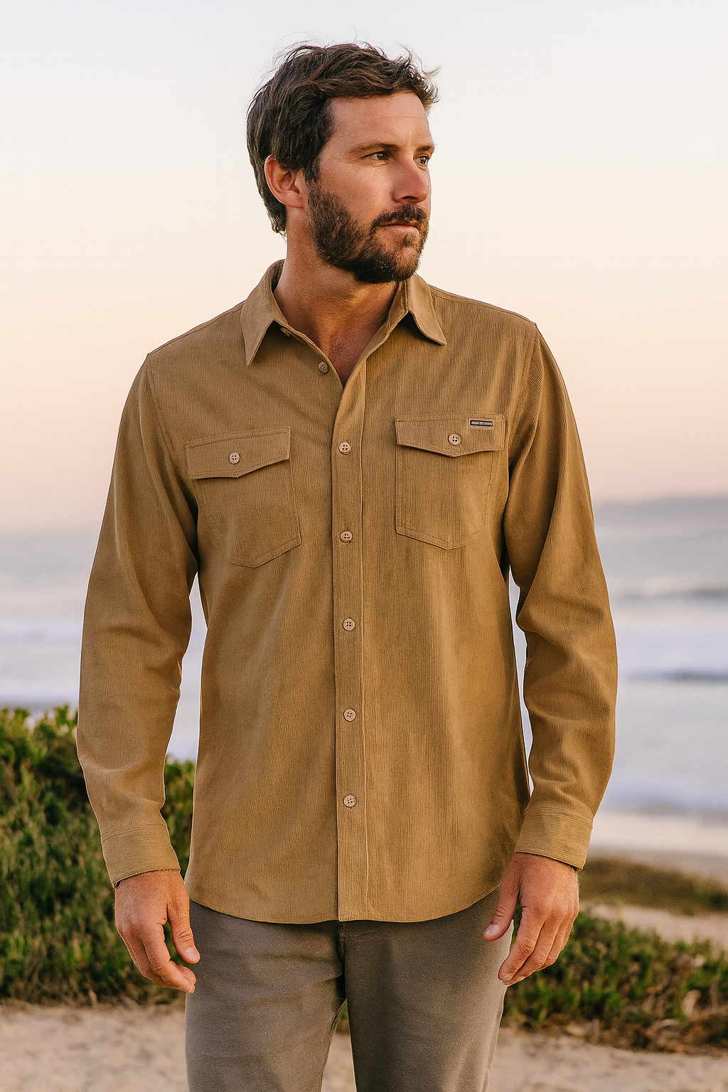 Man wearing a brown shirt standing on a beach with ocean and sunset in the background