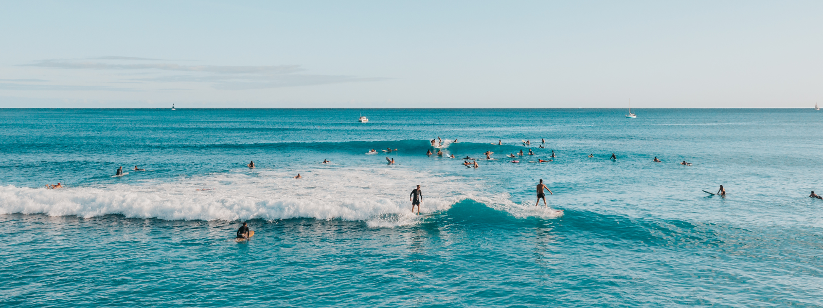 People surfing on waves at the beach. Several surfers are shown riding the waves on their boards, with a clear sky and ocean in the background.