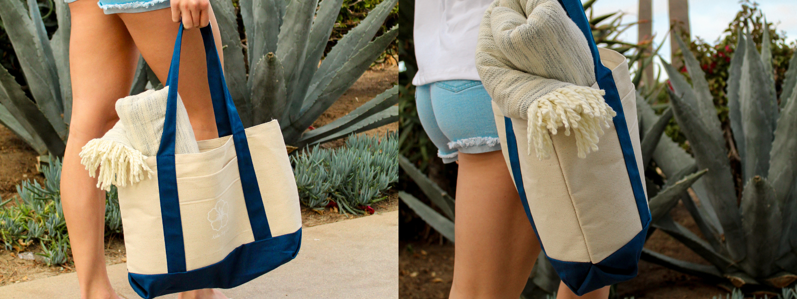 The file shows a woman holding a Koloa Surf Company beach bag as she walks towards the beach. The bag is stylish and practical, featuring the Koloa Surf logo. The background hints at a sunny, beach setting, emphasizing the bag’s beach-ready design.