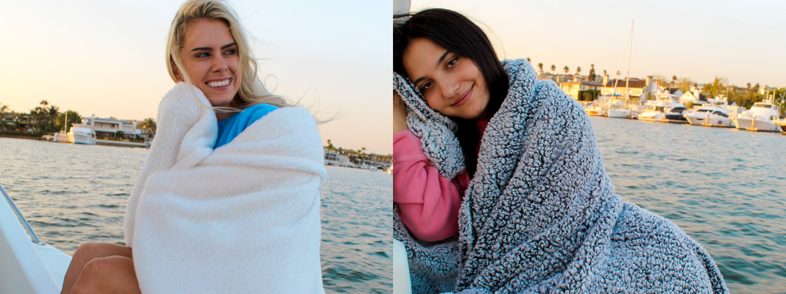 The file includes two images of two girls wrapped in Koloa Surf blankets on a boat. In both images, boats are visible in the background. The blankets are cozy and stylish, and the setting highlights a relaxed, nautical atmosphere.