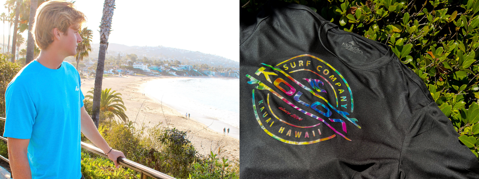 A man wearing a Koloa Moisture-Wicking T-Shirt in action, with the shirt's lightweight fabric visible. Another part of the image features a still photo of the T-shirt laid out flat, highlighting its breathable, quick-drying material and modern design.