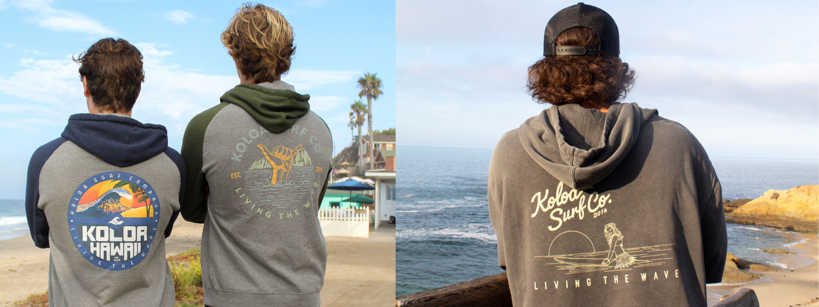 The image shows men side by side, each wearing Koloa Surf Company hoodies. The hoodies, made from a soft fleece blend, feature a relaxed fit and cozy look, ideal for casual wear. The side-by-side view highlights their comfort and style.