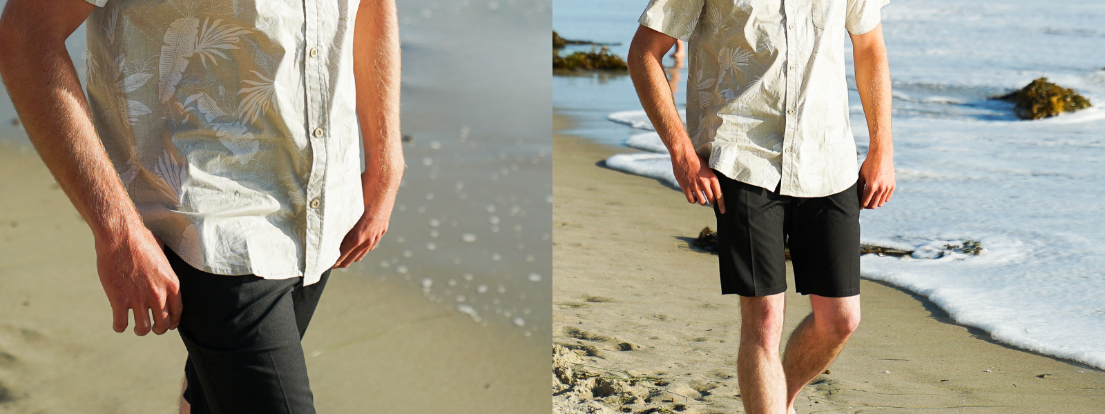 Koloa Hybrid 19" Shorts in black. The shorts have a sleek, streamlined look with a flat front, belt loops, and side pockets. Made from quick-drying fabric, they are suitable for both casual and water activities, combining style and functionality.