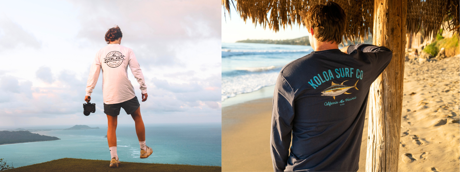 A man standing with a Hawaiian background, wearing casual clothing and enjoying the tropical scenery. The second image features a man gazing out at the ocean, standing on a beach with waves gently rolling in, evoking a peaceful, reflective mood.