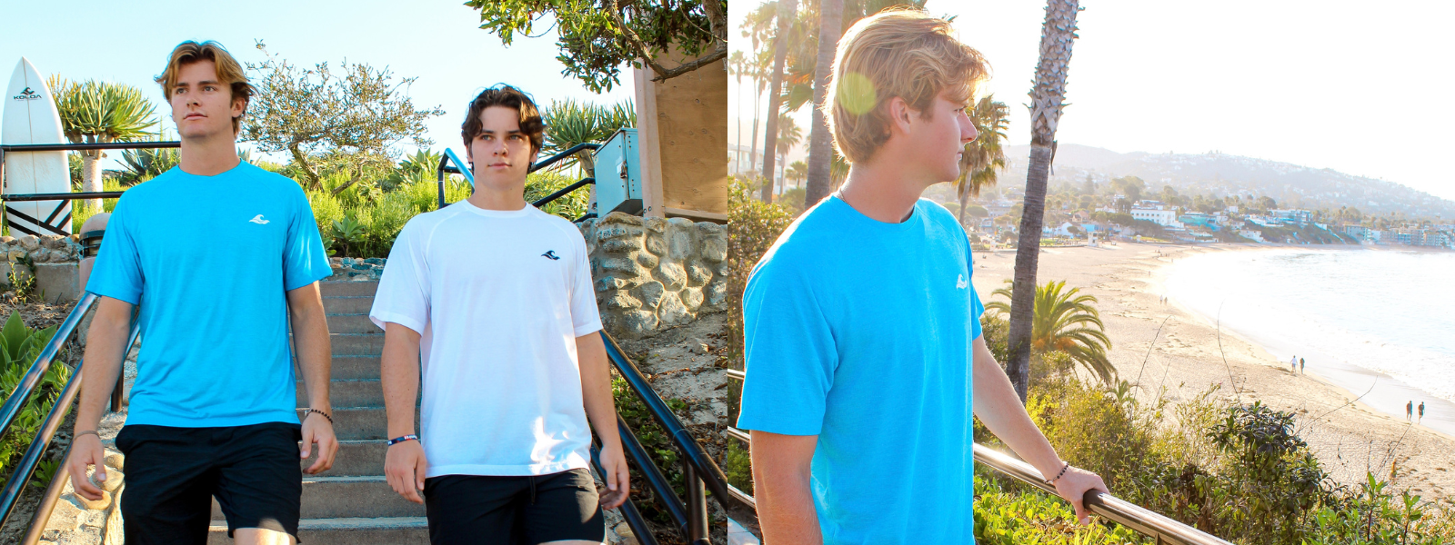 The image shows two men side by side, each wearing Koloa Surf fitness tees, with a beach background. The tees are designed for active wear, and the coastal setting highlights their casual, sporty style perfect for beachside workouts or lounging.