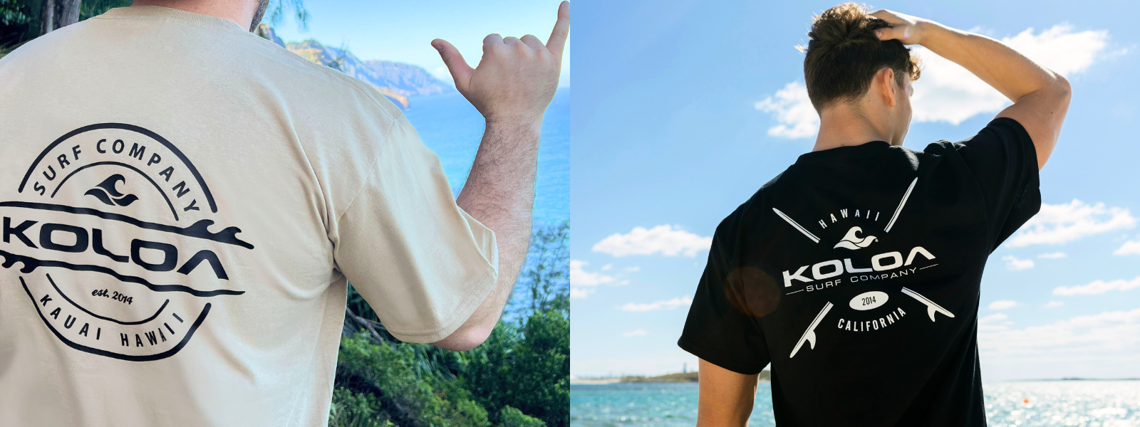 The image shows two men side by side, each wearing a Koloa Surf heavyweight cotton T-shirt, set against a beach background. The shirts are casual and durable, highlighted by the coastal scene, showcasing their relaxed, everyday style.