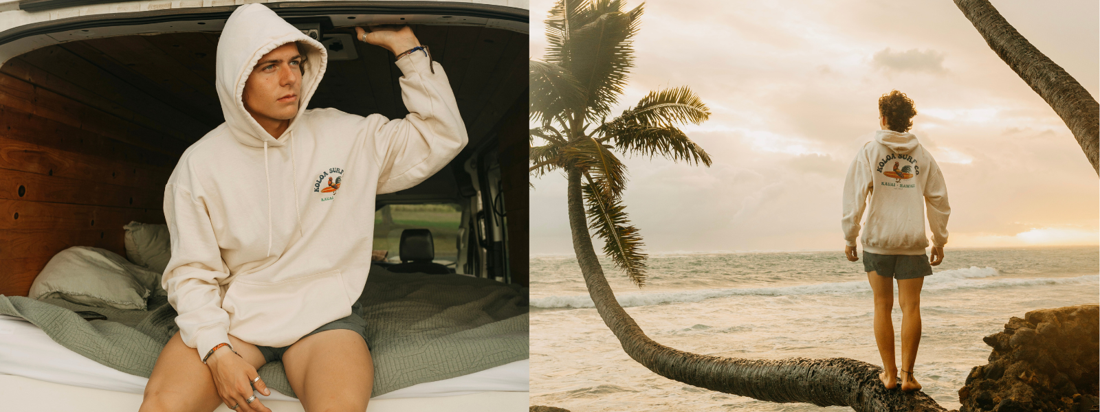 A man wearing the Koloa Cocky Surfer Hoodie, standing against a Hawaiian background. The hoodie features a bold surf-themed design, and the tropical scenery highlights the casual, adventurous vibe of the outfit.