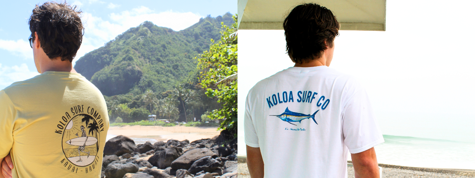 The image shows two men side by side, each wearing a Koloa Surf Company lightweight T-shirt, with a beach background. The T-shirts are designed for comfort and style, and the beach setting highlights their relaxed, casual look.