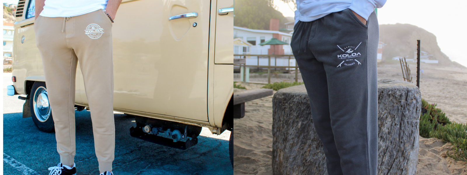 The image shows men's sweatpants displayed side by side with a beach background. The sweatpants are styled casually, set against a sandy, coastal scene that highlights their relaxed, comfortable look, ideal for beachside lounging or casual wear