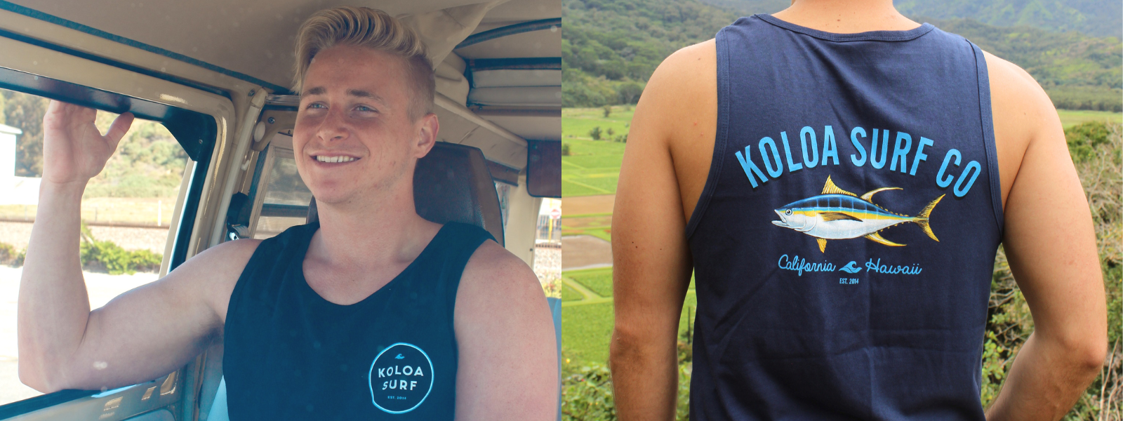 The image features a still shot of a tank top displayed near a classic surfer van, evoking a beach vibe. Another picture shows a man wearing a graphic tank top, standing casually. Both images capture a relaxed, coastal lifestyle inspired by surf culture