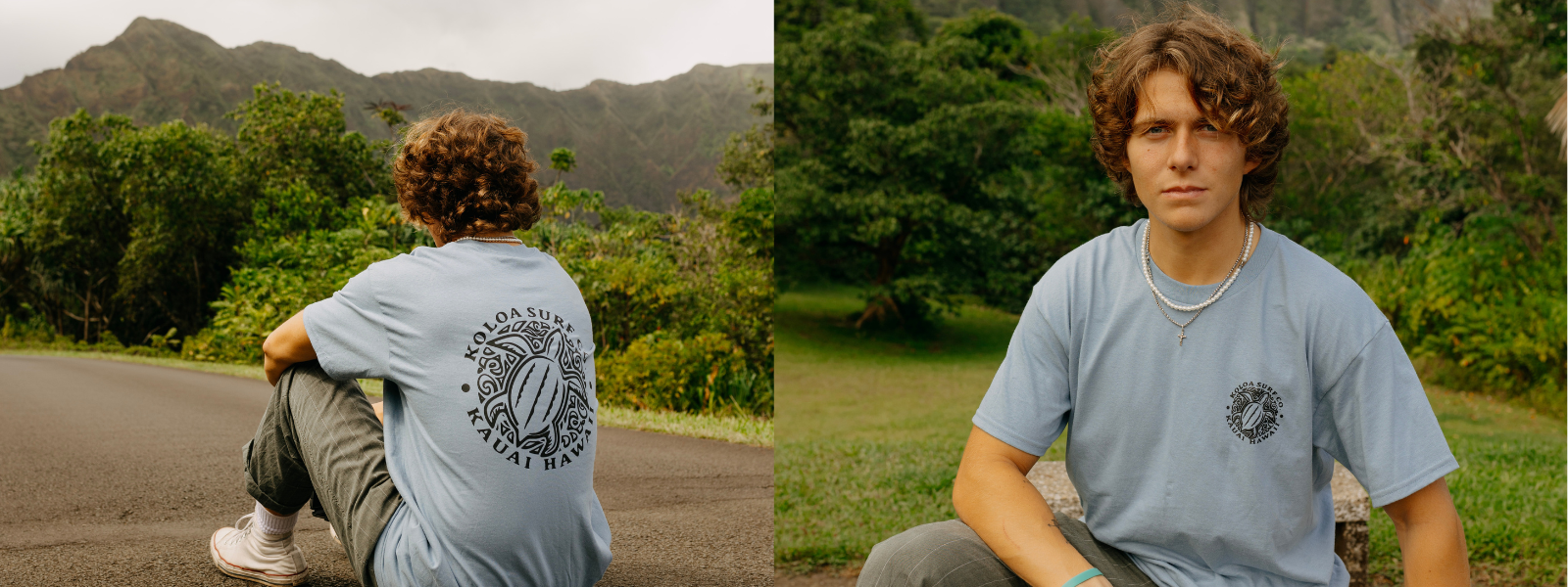 The image shows a man wearing a graphic T-shirt standing against a Hawaiian backdrop. Palm trees are visible in the background, evoking a tropical, beachy atmosphere. The man is casually dressed, with the vibrant scenery adding a relaxed vibe.