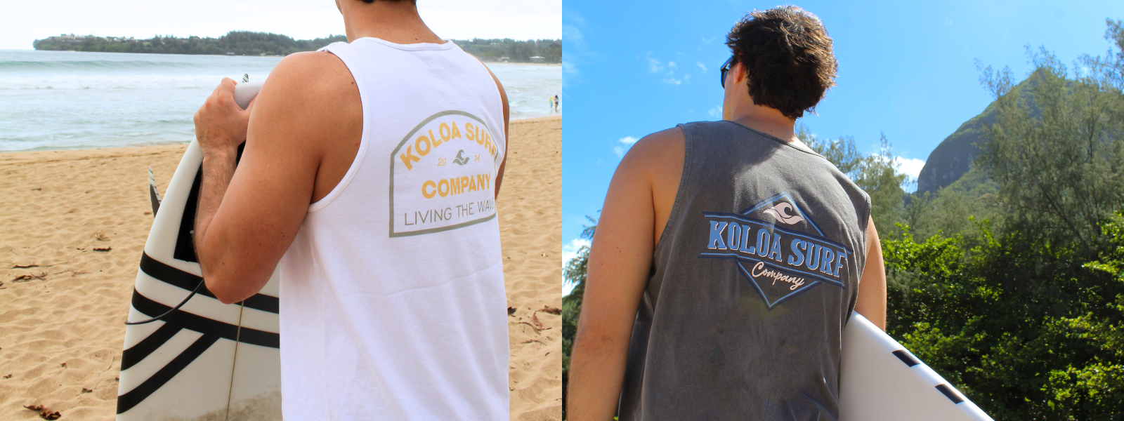 A man wearing a Koloa Surf Company tank top, standing outdoors with a bright sky behind him. The second image features another man in a Koloa tank top, relaxing on a beach with the ocean and sand in the background, embracing the surf lifestyle.