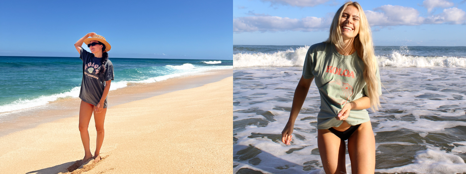 Two images of a woman wearing Koloa Surf graphic boyfriend tees. Each picture shows her at the beach, with one tee featuring a bold graphic design and the other displaying a different graphic, both complementing the relaxed, casual setting.