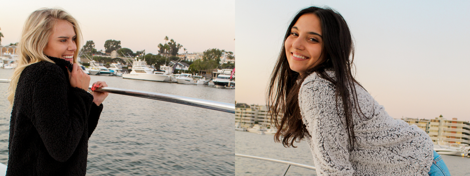 Two images of a girl wearing Koloa Surf fuzzy Sherpas with a beach in the background. Each image features her in a cozy, fluffy Sherpa jacket, emphasizing warmth and comfort while maintaining a relaxed, stylish look against the beach setting.