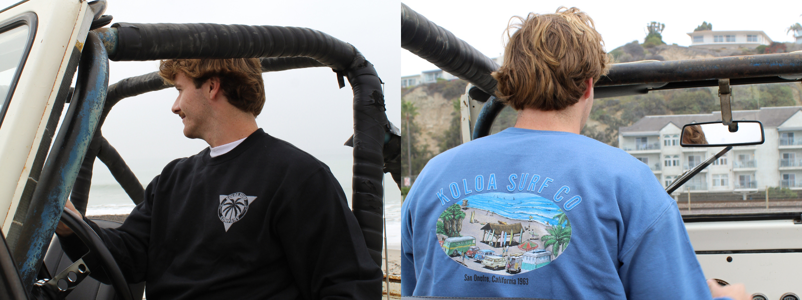 The first image shows a man wearing a graphic sweatshirt with coastal designs, standing against a backdrop of the beach. The second image features the same man in a different graphic sweatshirt with coastal themes.