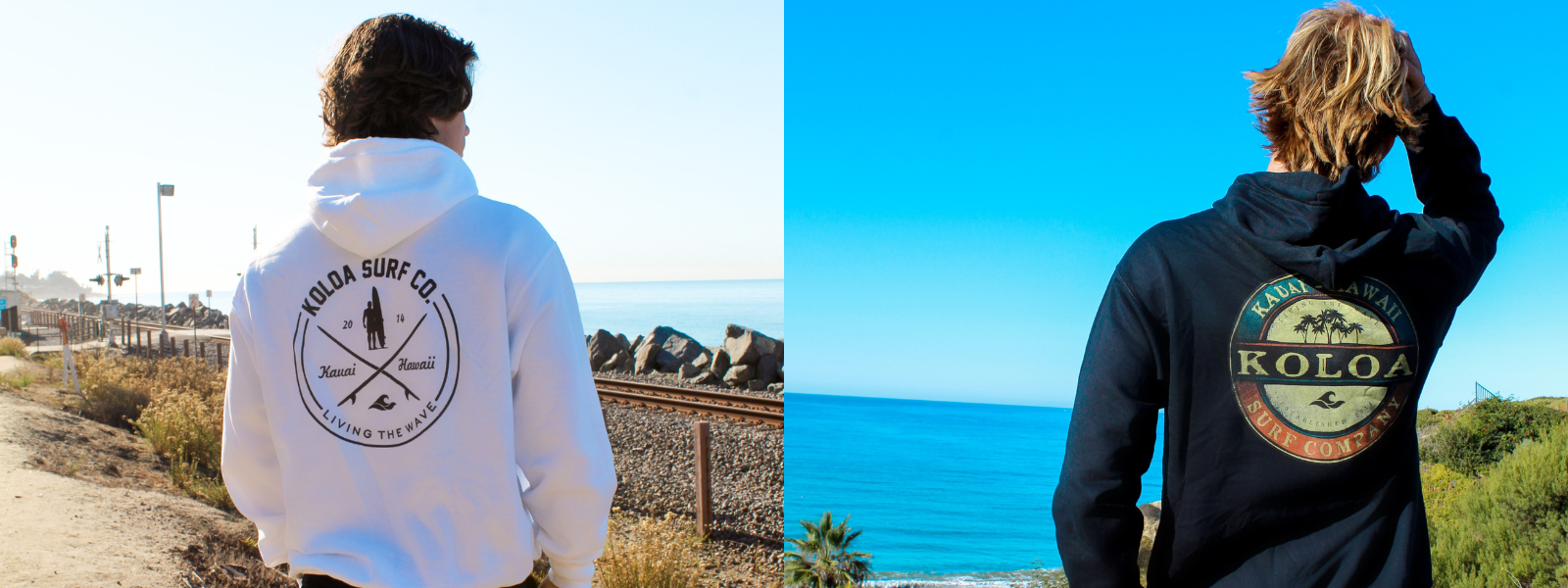 Shows a man in a graphic Tall Hoodie, looking out towards the beach with the ocean and sand in the background. The second image features the same man in a different graphic Tall Hoodie, gazing at the beach, with the waves and shoreline visible.