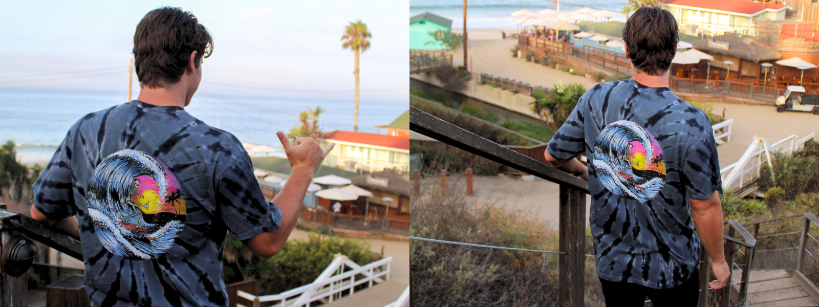 By the beach wearing a colorful tie-dye t-shirt with a bold skeleton graphic on the front. The vibrant colors of the tee contrast with the soft blues of the ocean and sky in the background, while sandy shores and gentle waves complete the beach setting.