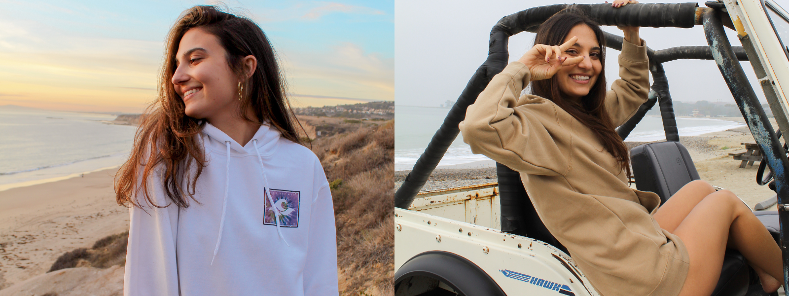 The first is a calm beach scene with soft waves and a clear blue sky. The second shows a woman wearing a Koloa Surf Company hoodie, standing confidently. The hoodie has a casual, stylish look, perfect for both beach and everyday wear.