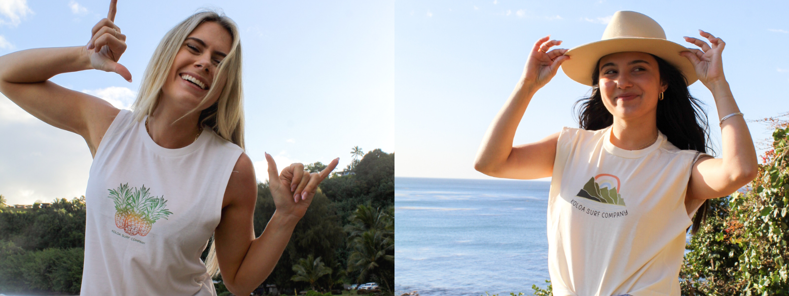 The file contains two images of a woman wearing Koloa Surf graphic tank tops with a beach in the background. In one image, she sports a bold graphic design, while the other shows her in a different graphic tank, both capturing a casual, beachy vibe.