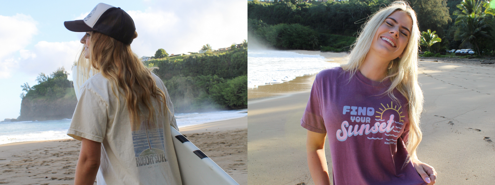 In one picture, she wears a tee with a vibrant graphic design, with the beach in the background. The other image shows her in a different graphic tee, also with the beach as a backdrop, highlighting the casual style.