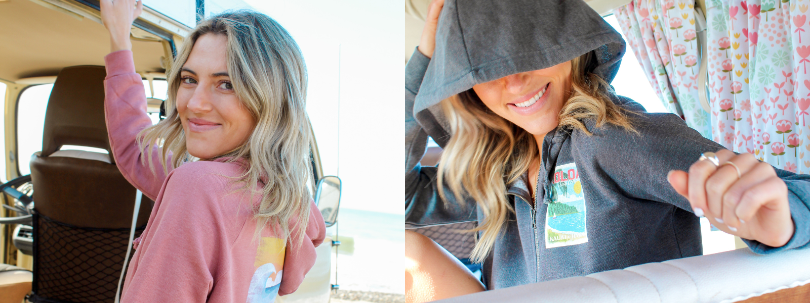 Two images of a girl wearing Koloa Surf zip-up hoodies with a beach in the background. Each image shows her in a cozy zip-up hoodie, highlighting a relaxed, stylish look suitable for layering on a beach day.