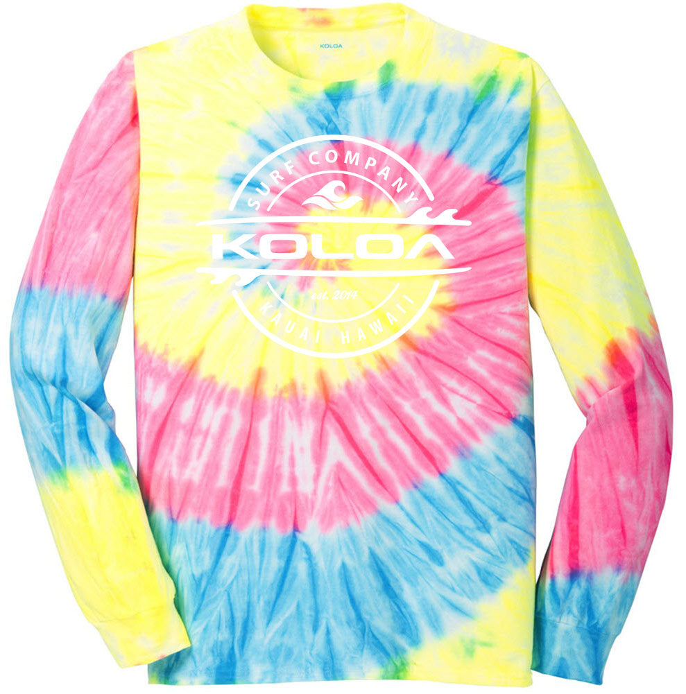 Koloa Surf Thruster Surfboards Logo Colorful Long Sleeve Tie-Dye T-Shirt