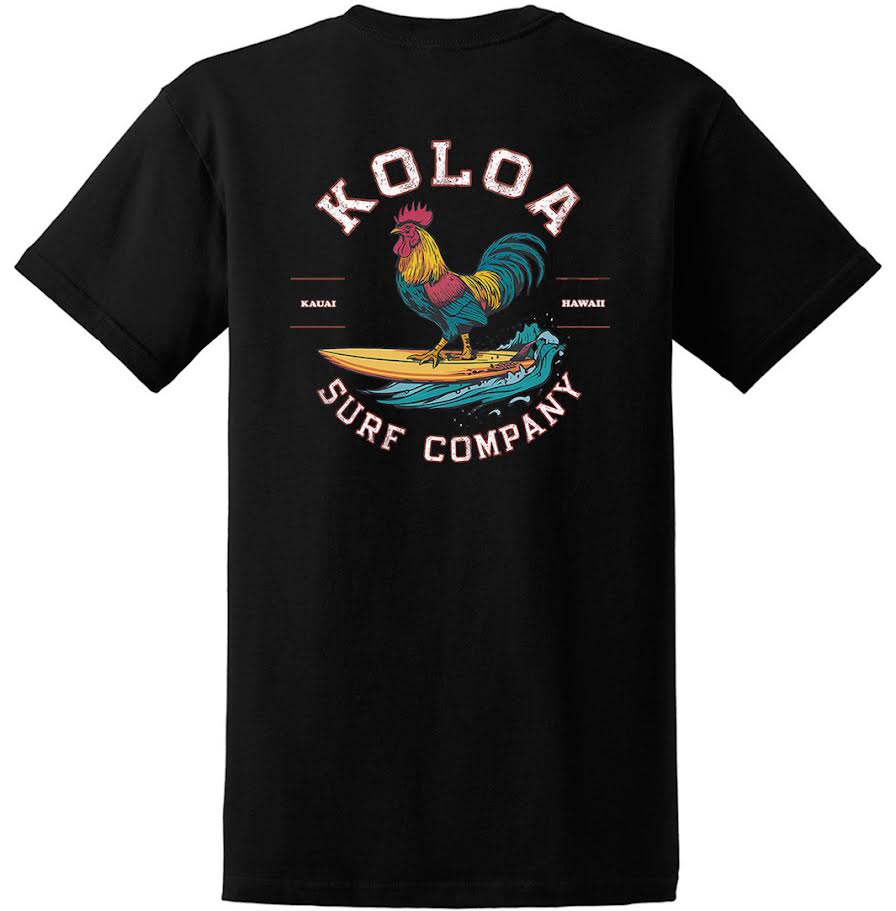 A black heavyweight T-shirt with a graphic print of a rooster and the text 'KOLOA SURF COMPANY'.